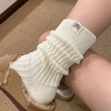 米白色粗线堆堆袜女秋冬日系针织雪地靴袜子女纯色中筒袜毛线长袜