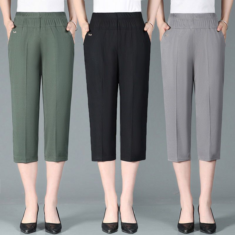 新款夏季妈妈裤子薄款七分裤中老年女裤高腰中裤老太裤纯色七分裤