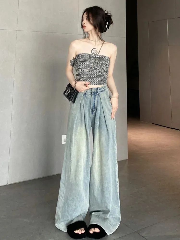 Retro Wide Leg Jeans for Women Summer Pear Shapes Wear Loose Slim Fit Slimming Draping Mop Bell-Bottoms