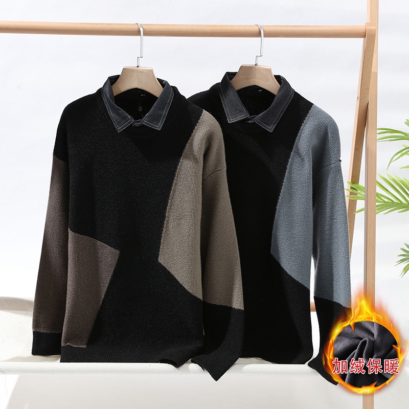 Sweater Men's 2023 New Men's round Neck Fleece-Lined Thickened Men's Sweater Fashionable Color Matching Bottoming Sweater