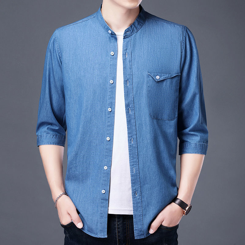 春夏季男士牛仔衬衫男潮流帅气超薄款七分袖立领外套棉洗水衬衣