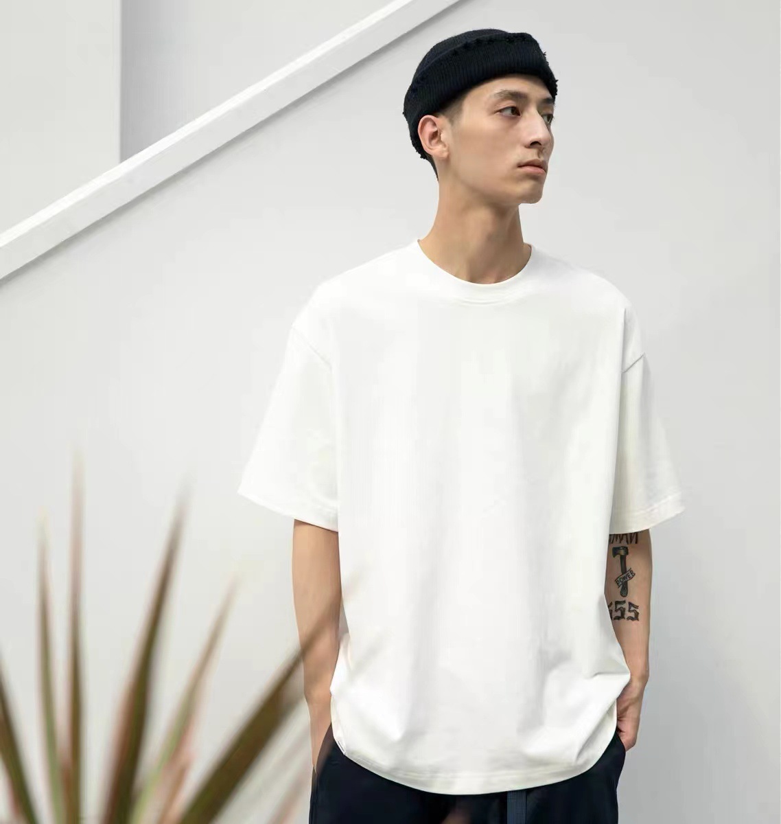 280g双纱长绒棉基础重磅纯色小领口短袖t恤男宽松国潮落肩白t