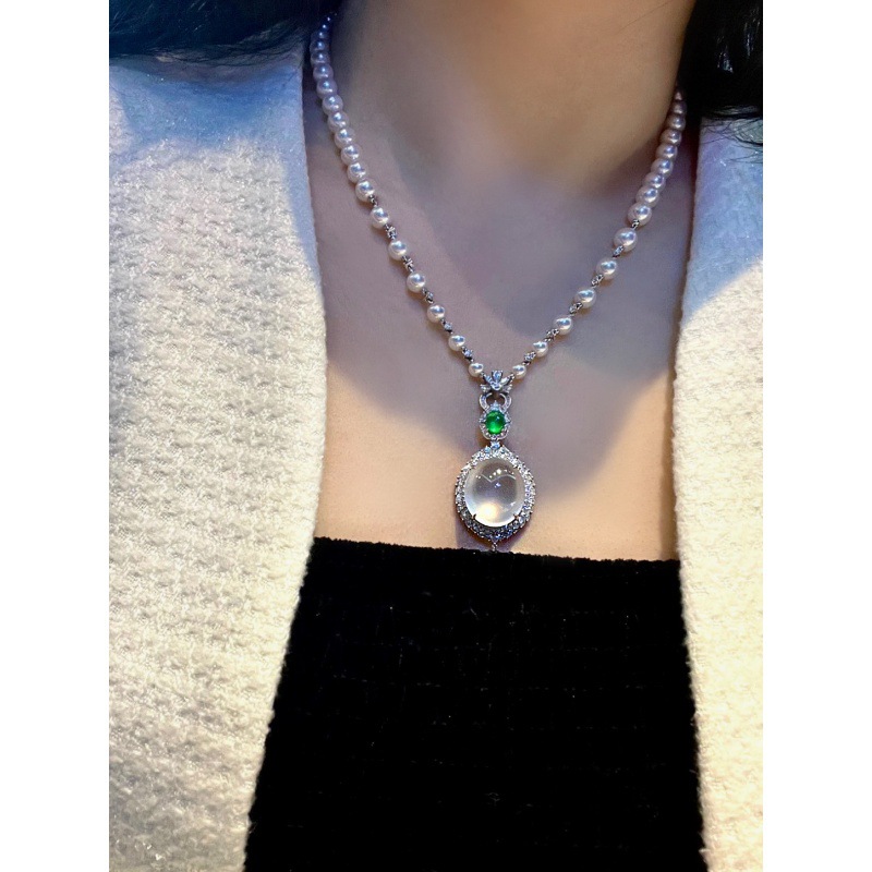 白冰翡翠蛋面吊坠女18k金镶天然缅甸玉佩项链高冰种葫芦佛公戒指