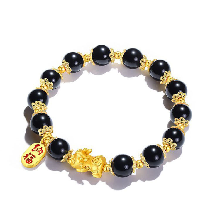 招财纳福貔貅手链女轻奢小众国风仿粉水晶黑曜石貔貅手饰情侣手串