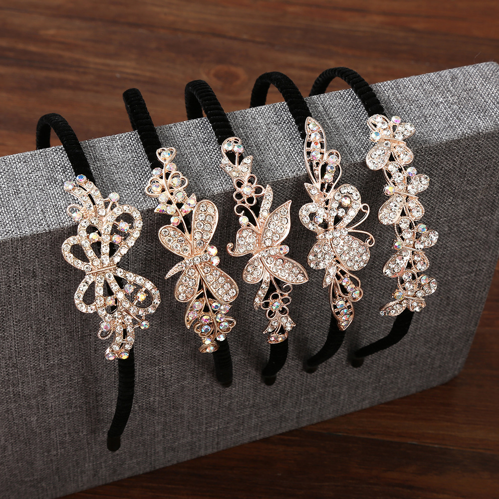 韩版新款金属蝴蝶结水钻发箍发卡头饰品女士防滑绒布压发头箍批发