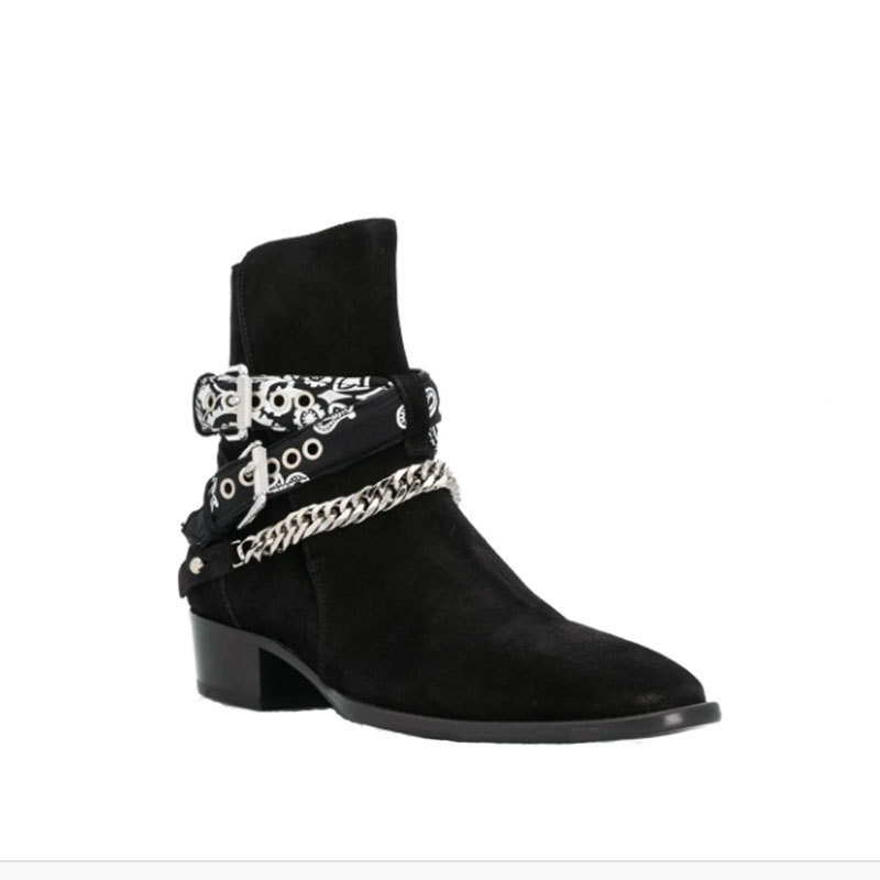 高街腰花amiri切尔西靴尖头马丁靴男个性牛仔真皮搭扣短靴链条