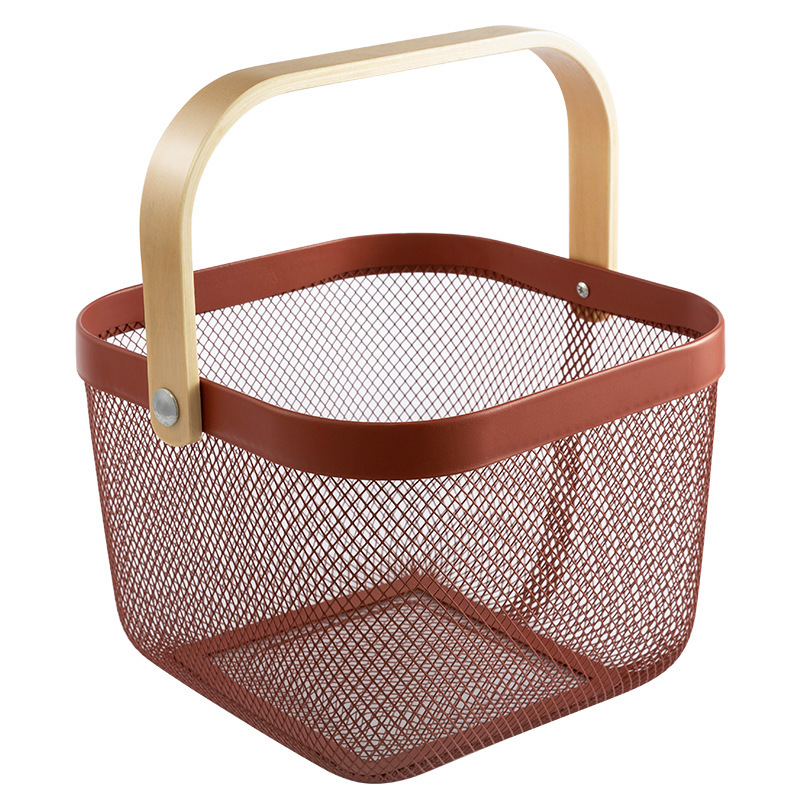 Rishato Wooden Handle Basket Factory Wholesale White Iron Wire Small Basket Storage Basket Wire Basket Fruit Basket