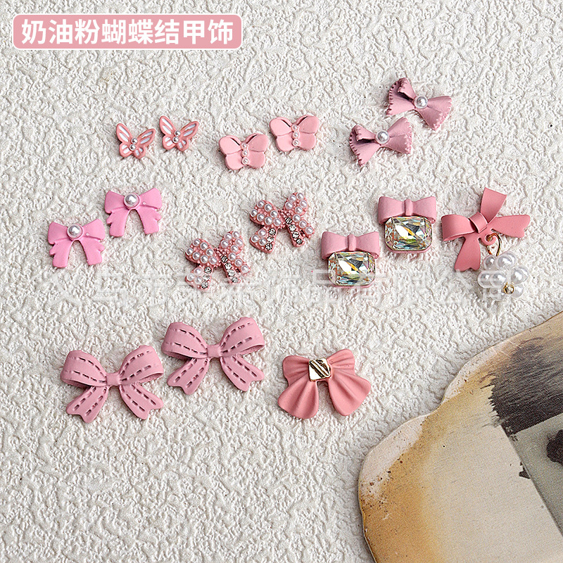 Pink Cream Cake Pink Cute Bow Nail Ornament Frosted Texture Painted Pink Butterfly Manicures Decoration