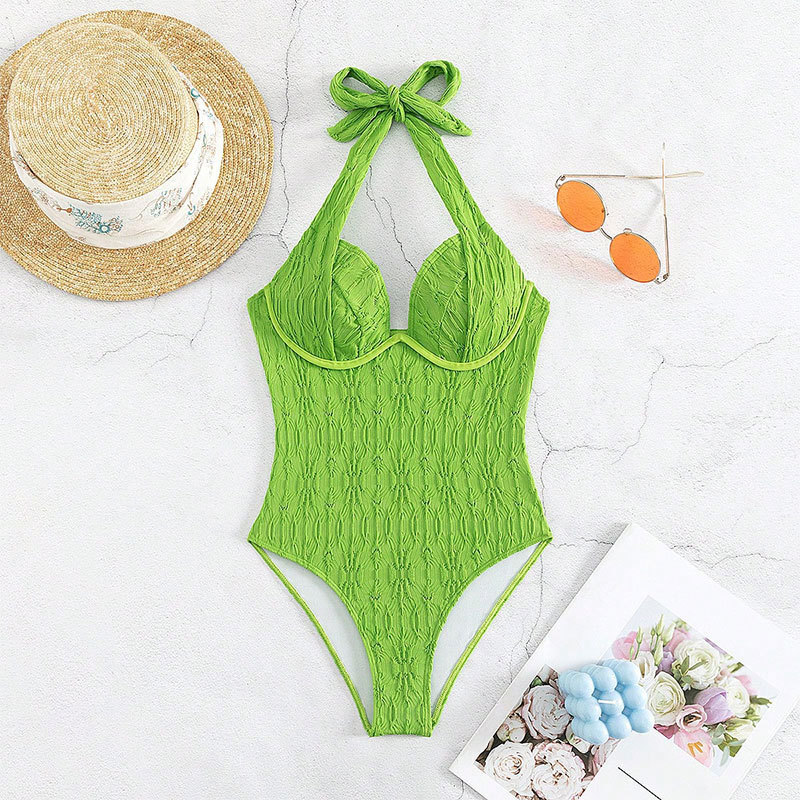 2024欧美新款纯色挂脖钢托连体泳衣亚马逊三角遮肚沙滩性感比基尼