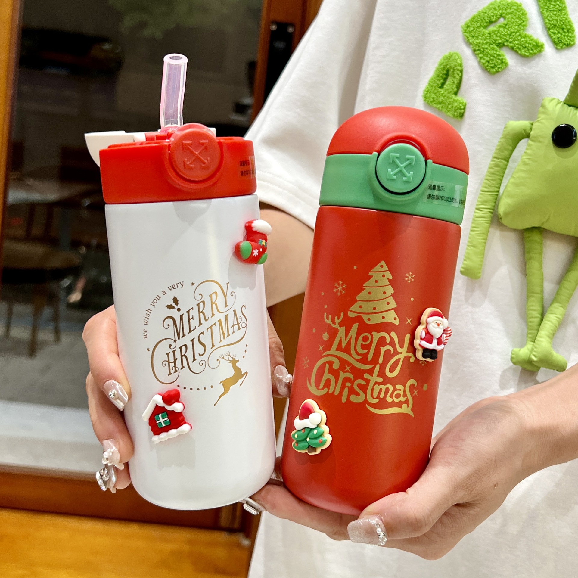 new christmas vacuum cup 304 stainless steel children‘s straw cup large capacity cute portable water cup gift cup