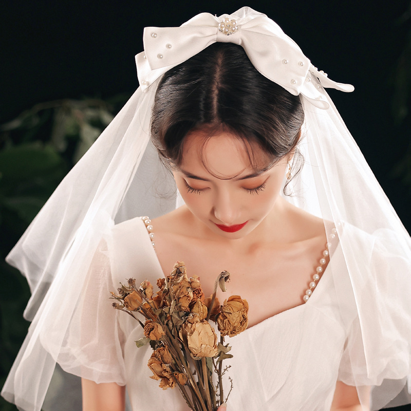 2022新款新娘登记结婚蝴蝶结小头纱超仙森系旅拍照双层领证头纱女