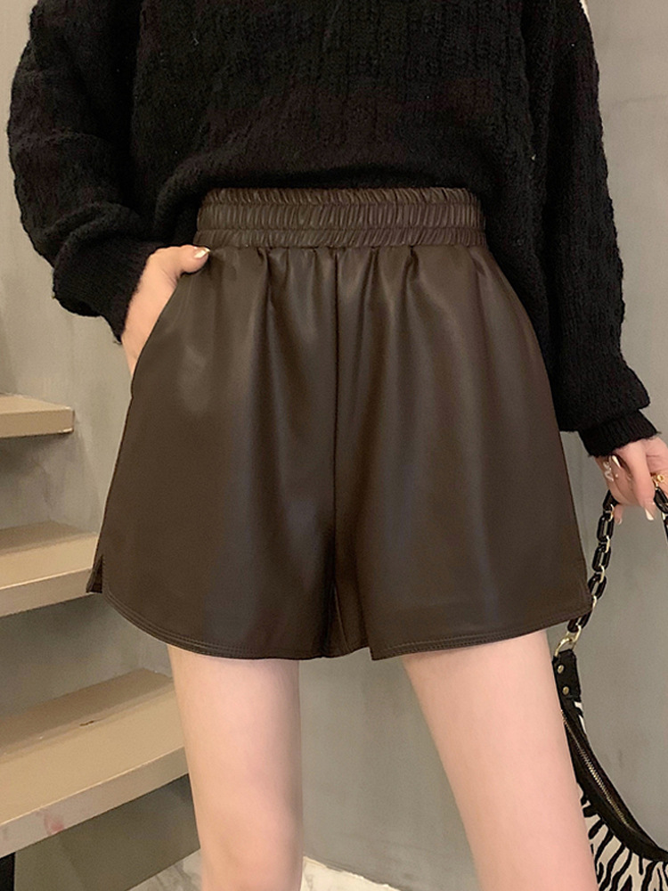 咖色皮裤短裤女春秋季冬靴裤外穿2021新款高腰宽松阔腿a字热裤子