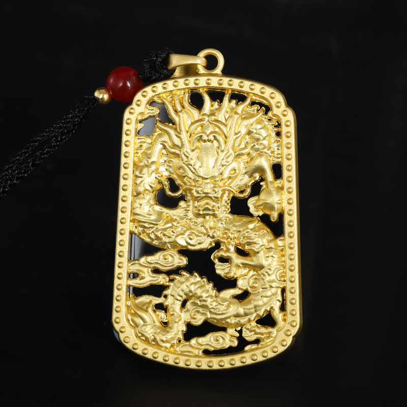 新品合金十二生肖男式吊坠新款高端霸气上档次龙元素墨玉方形挂坠