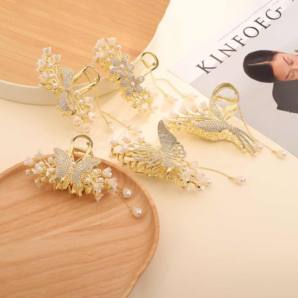 女式复古兰蝴蝶花流苏金属大抓夹后脑勺发夹大号盘发鲨鱼夹子发卡