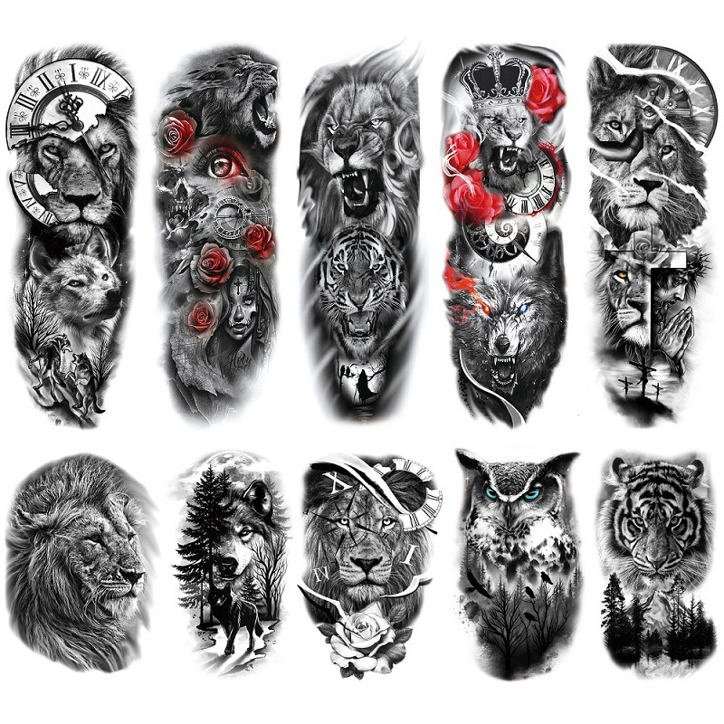 全臂花臂大图案跨境套装水转印黑色动物图案狮子猫头鹰仿真纹身贴