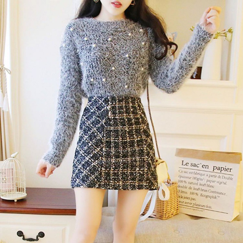 时尚毛衣套装裙女秋冬季套装网红针织衫毛呢半身裙短裙两件套