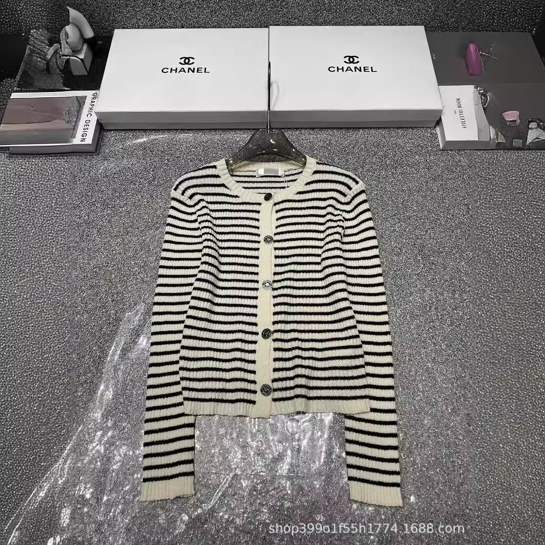 24夏季新款 d家 简约百搭款 条纹欧根纱针织开衫长袖-阿里巴巴