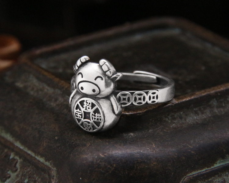 s925纯银牛戒指女复古钱币招财进宝十二生肖牛年本命年食指环男