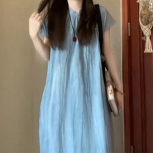 新中式国风蓝色短袖连衣裙女夏温柔复古旗袍裙宽松显瘦短袖长裙子