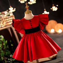 大红色儿童晚礼服裙小女孩秋季服装周岁钢琴演奏礼服女童洋气礼服