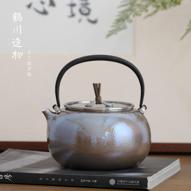 纯银999烧水壶纯手工一张打雪花银功夫茶具真锅静良紫皮煮水银壶