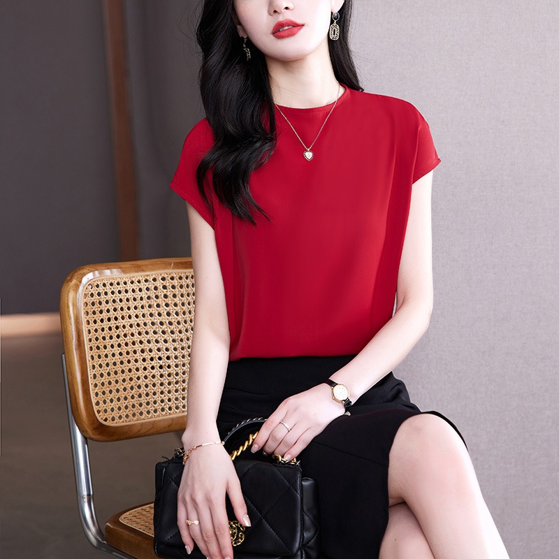 孔雀蓝真丝衫夏季大牌清仓缎面小衫女高端大码短袖t恤桑蚕丝上衣