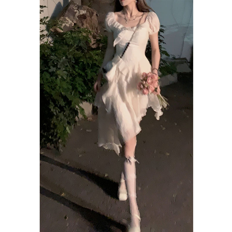 French Style Tea Break Dress for Women Early Spring and Summer 2024 New White Ruffled Irregular Slimming Short Skirt