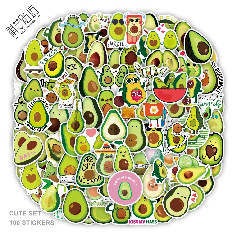 100张ins风卡通牛油果个性贴纸装饰行李箱滑板车汽车防水贴画批发