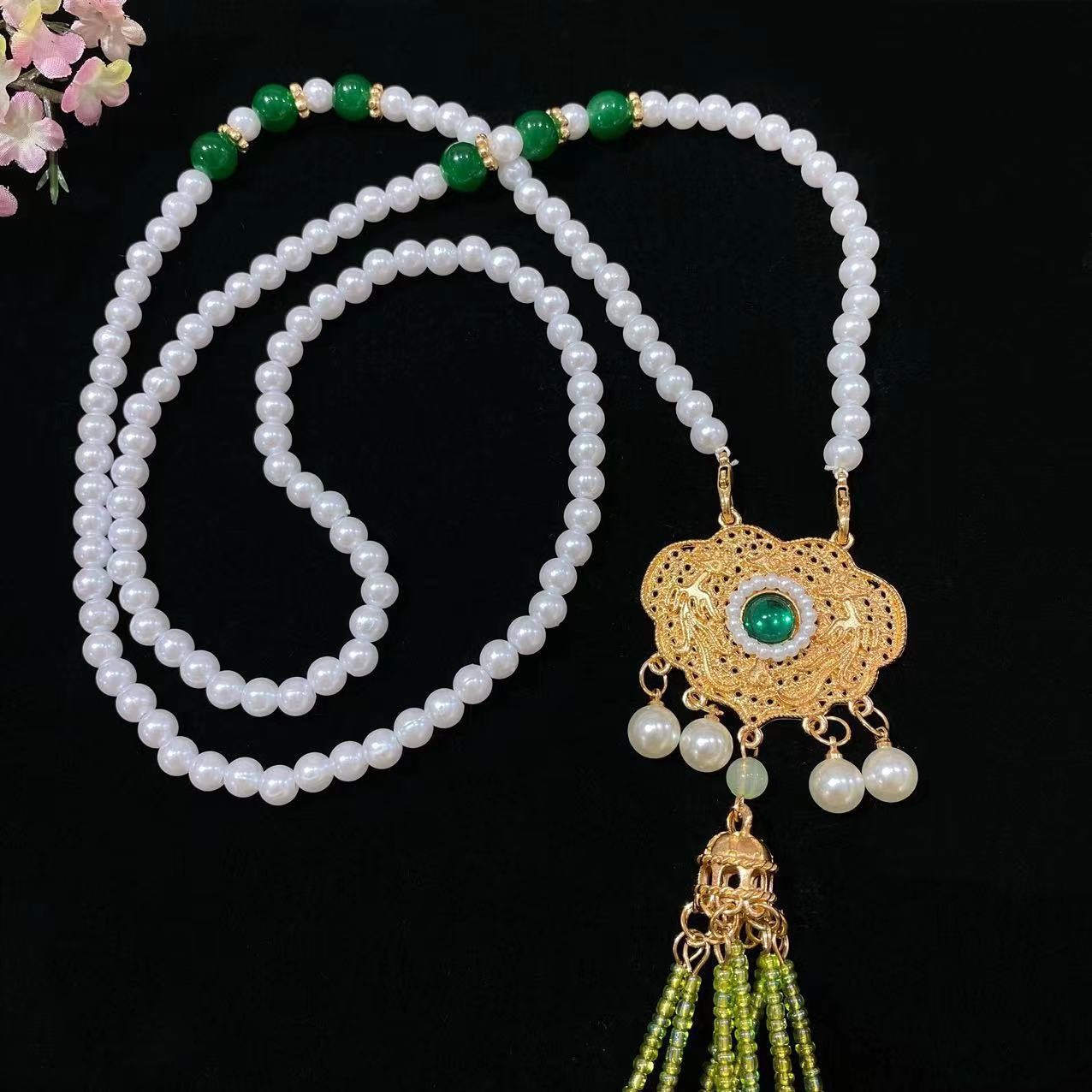 汉服古典珍珠国风古风平安锁珍珠璎珞项链长款流苏民族马面裙配饰