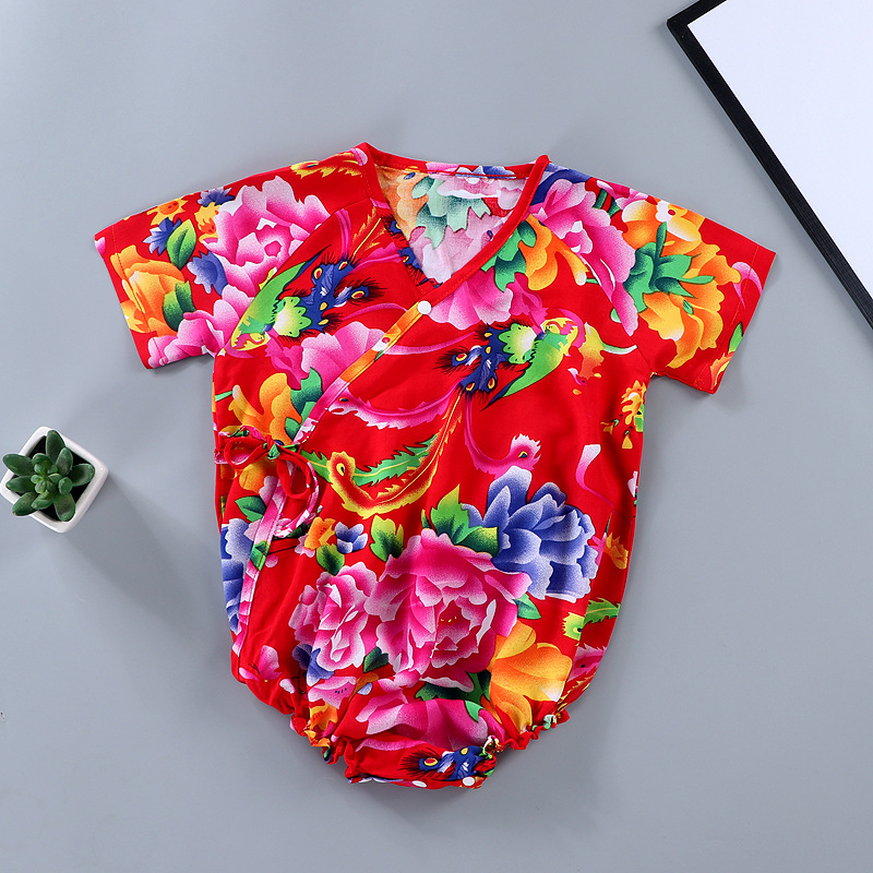 婴儿衣服空调服汉服睡衣新生儿连体衣儿童夏季薄款东北大花包屁衣