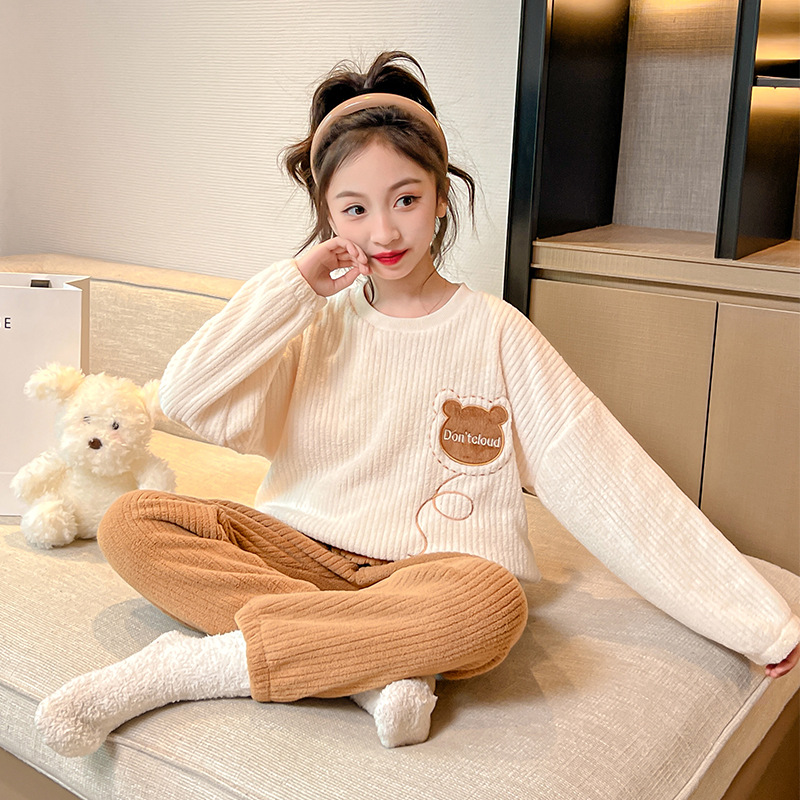 23 autumn and winter new flannel girls‘ pajamas suit class a children‘s loungewear parent-child sunken stripe warm fleece khaki bear