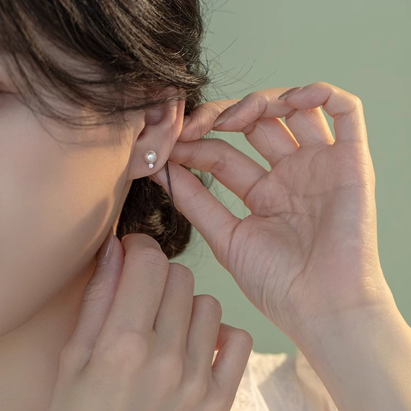 Tiqi Japanese Minimalist S925 Sterling Silver Imitation Pearl Earrings Women's Exquisite Petite Earrings Inlaid Zircon Fashion Ear Jewelry