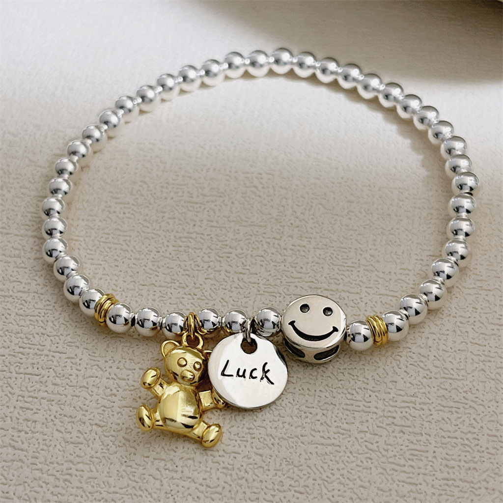 饰品s925纯银英文字母小熊手链笑脸串珠手链弹力小众高级