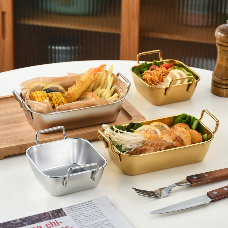 Korean-Style Stainless Steel Square Snack Box French Fries Snack Plate Creative Square Small Basket Fried Chicken Dessert with Ears Square Plate