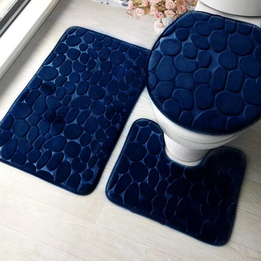 外贸跨境纯色法兰绒鹅卵石压花垫马桶浴室套装卫生间防滑地垫地毯