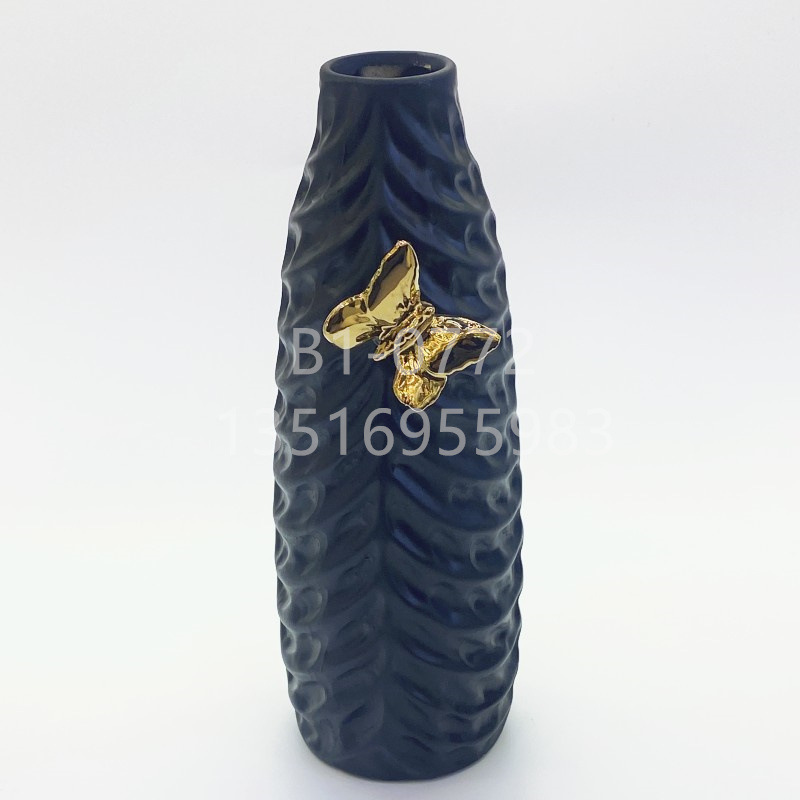 Modern Minimalist Ins Style Matte Black Golden Butterfly Leaf Pattern Vase Creative Ceramic Vase Geometric Flower Flower Container