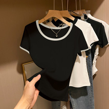 T短袖T恤女夏季黑色圆领美式复古设计感辣妹漂亮气质上衣打底衫潮