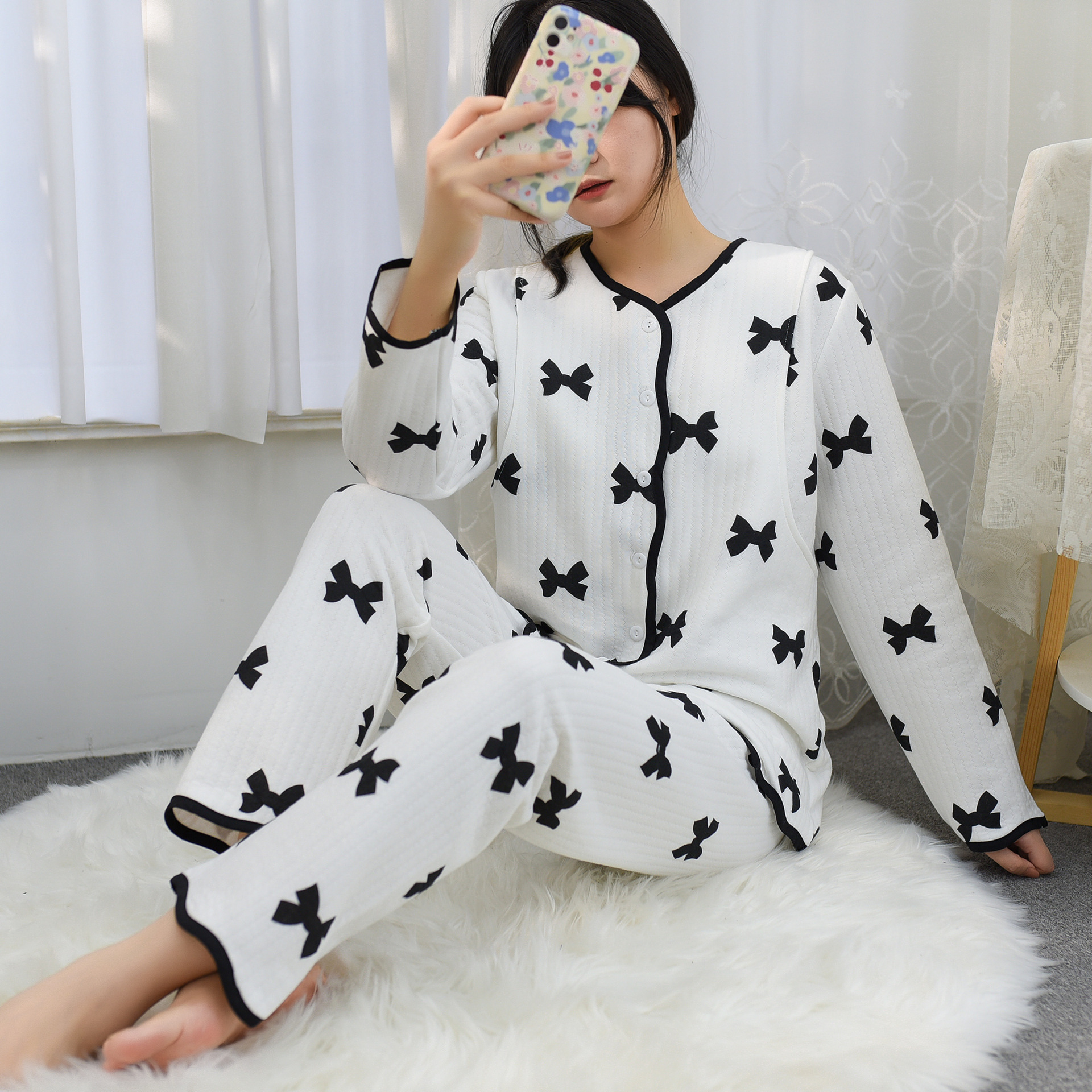 实拍秋冬新款空气层月子服哺乳睡衣孕产妇加厚棉家居服套装21新款