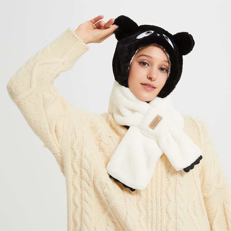 Autumn and Winter Cute Panda Plush Hat Scarf Two-Piece Set Thick Warm Earflaps Cold-Proof Cartoon Hat