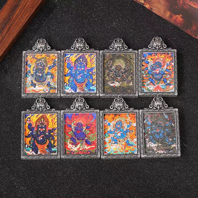 西藏唐卡大黑天六臂玛哈嘎拉大鹏鸟扣头复古银唐卡专用盒吊坠配绳