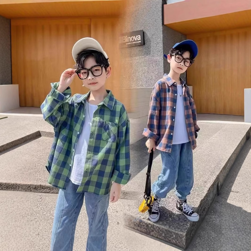 儿童夏装男童格子衬衣洋气2024新款中大童薄开衫男孩长袖衬衫