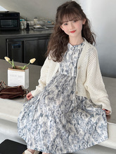女童套装春季韩版小女孩网红针织开衫外套长款连衣裙洋气两件包邮