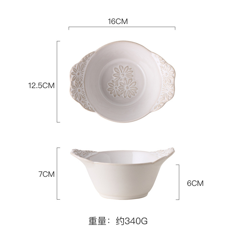 Kiln Baked Embossed Ceramic Tableware Fragrance Series Plate Soup Plate Salad Bowl Double-Ear Bowl