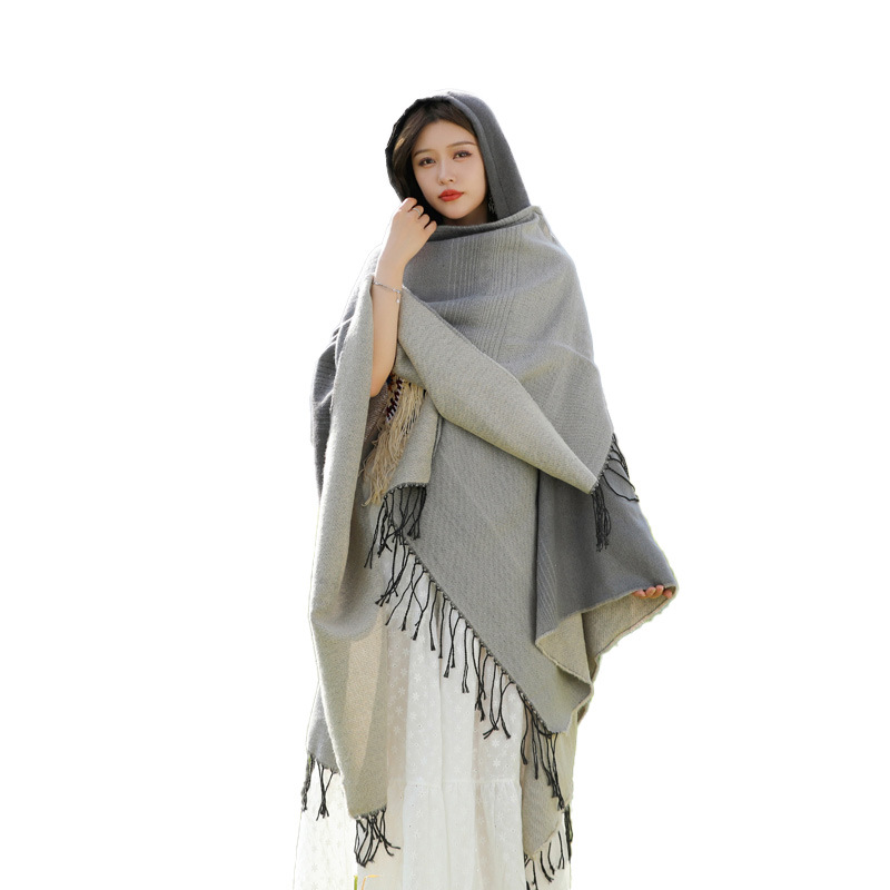 Autumn and Winter New Transitional Color Hooded Cape Ethnic Style Thickened Outer Shawl Yunnan Xinjiang Travel Matching Shawl