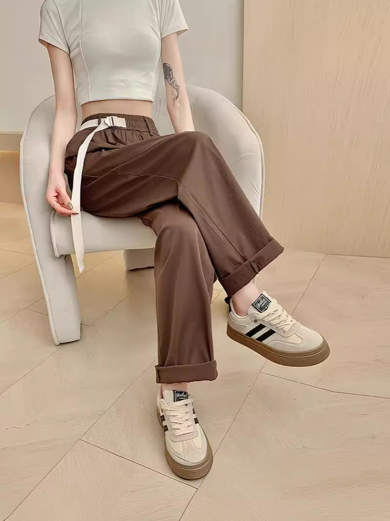 American Style Overalls Women's Spring and Summer New Commuter Straight Casual Pants Slim Loose Waistband Pants High Waist Pure Color Pants