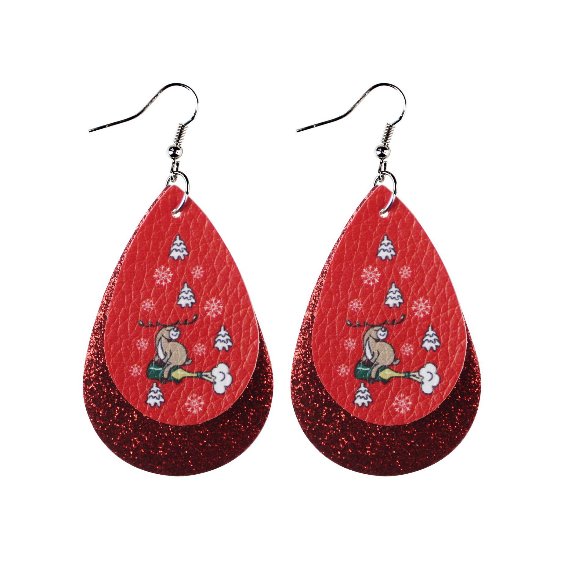 Christmas Double-Layer Leather Earrings Snowman Christmas Tree Gift Water Drop Pu Earrings Female Accessories Accessories