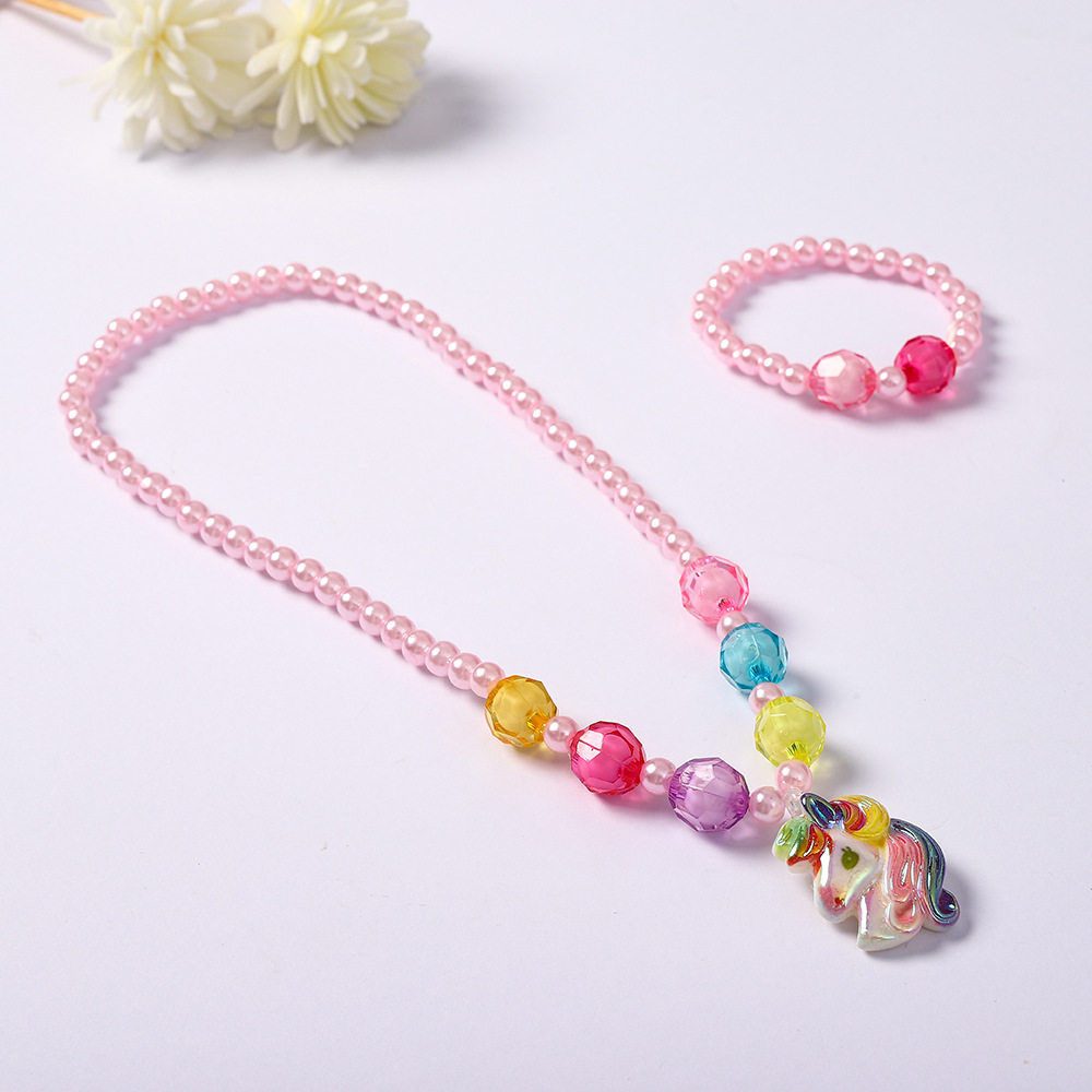 Cross-Border Korean Unicorn Children's Jewelry Set Pearl Chain Acrylic Hanging-Ornament Necklace Girl