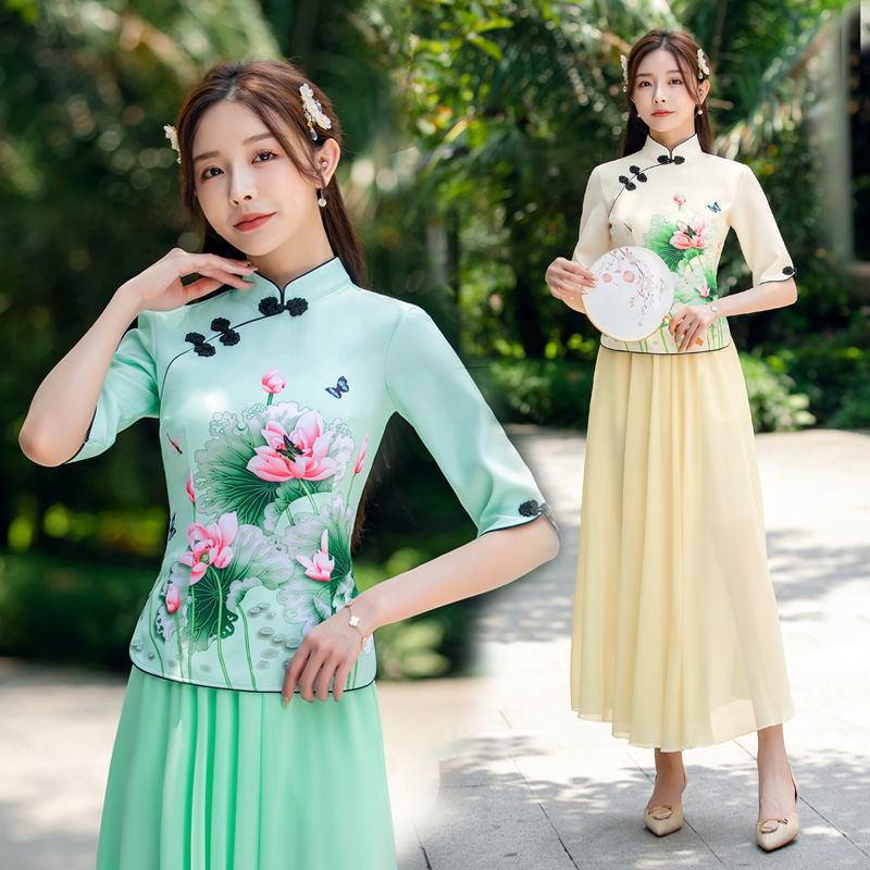 两件套夏季日常复古改良旗袍唐装中袖上衣中式套装广场舞秧歌服装