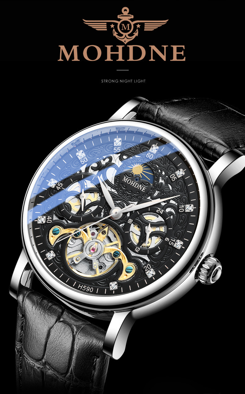 摩盾mohdne商务男士机械手表 镂空防水机械表抖音直播