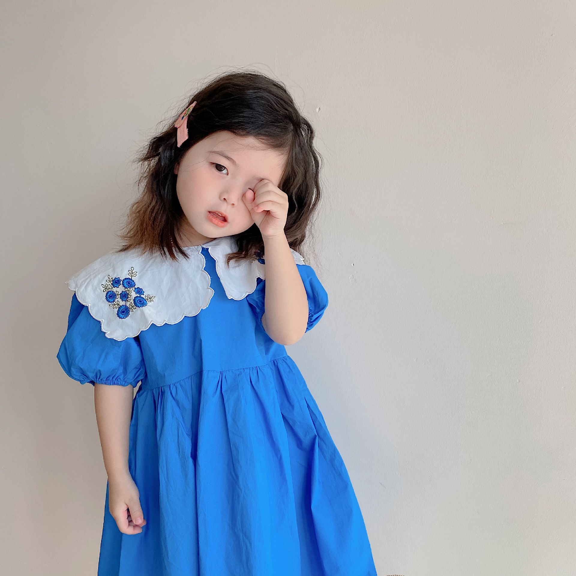 森系~韩国童装女童夏季刺绣海军领蓝色泡泡袖短袖连衣裙潮